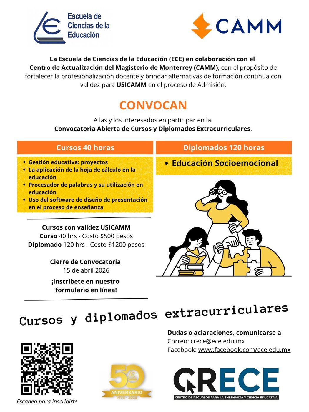 Convocatoria CRECE de cursos y diplomados extracurriculares de abril 2026
