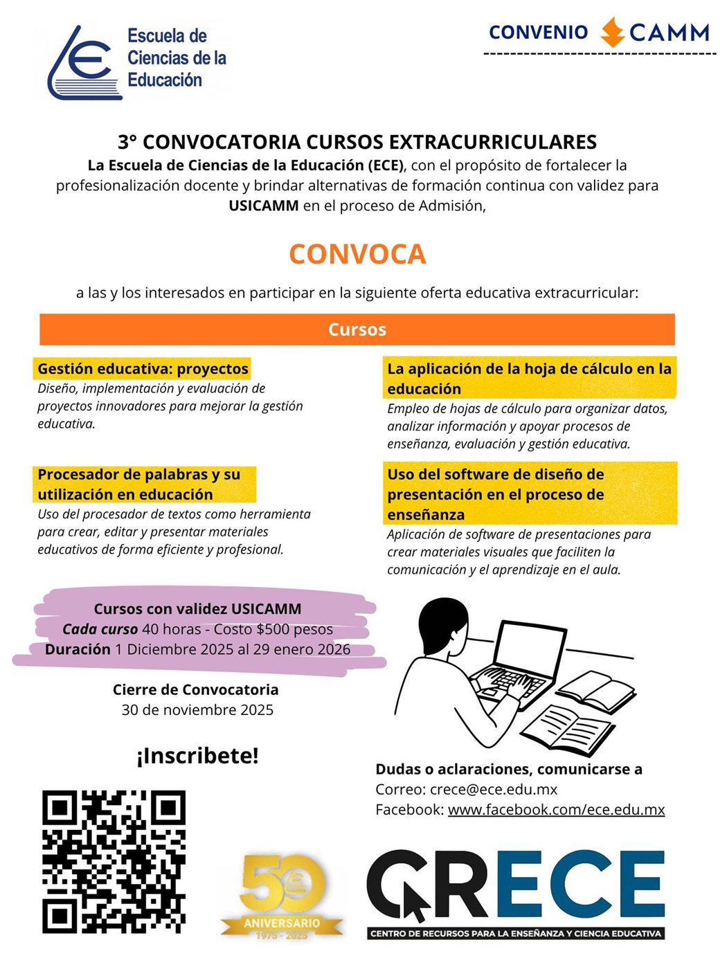 Convocatoria CRECE tercera convocatoria de cursos extracurriculares noviembre 2025
